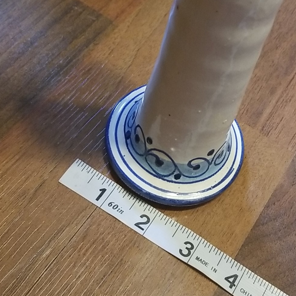 Vintage Tall Italian Pottery Blue & Cream Floral Chamberstick Candle Holder - Picture 11 of 11